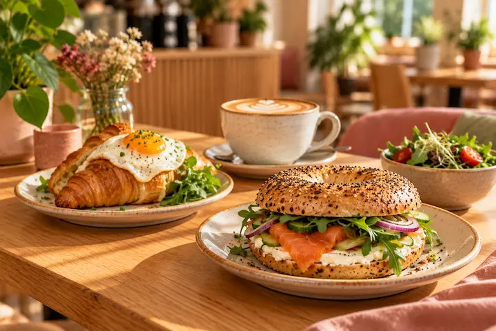 Bagel, croissant met spiegelei, koffie en salade samen op tafel